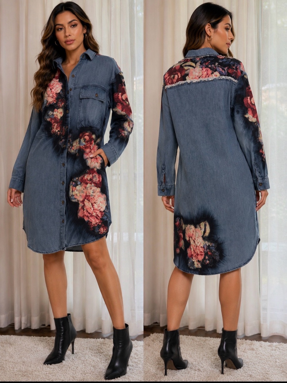 Floral One-of-a-Kind Hand-Painted Denim Dress – Custom Floral Art – Size M/L
